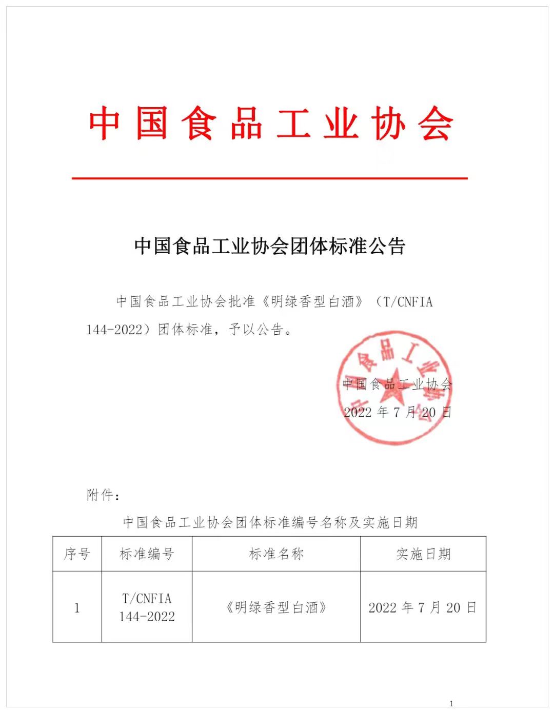 《明綠香型白酒》團體標準獲得批準